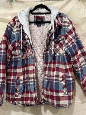 CQR Men's Quilted Hooded Plaid Jacket - Blue & Red